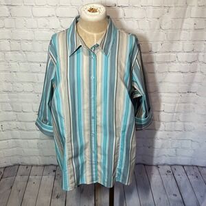 Vintage Y2K Style &Co Women Stretch Button up Stripe Top 3/4 length sleeve